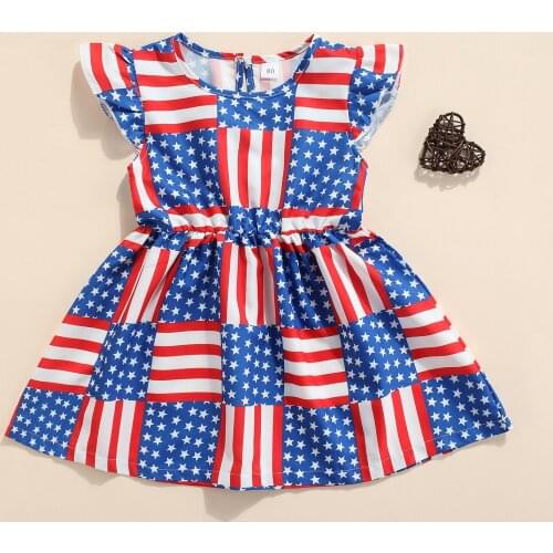 2021 Kid Short Sleeve Dress, Independence Day Decoration American Flag Print Elastic Waist Summer Clothing