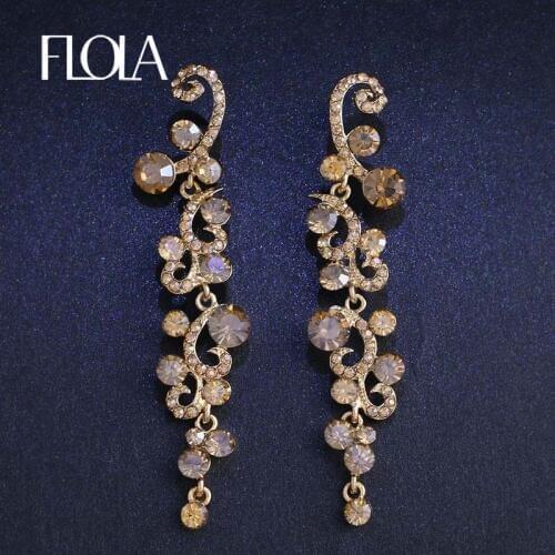 FLOLA Leaf Long Earrings with Stones Crystal Long Hanging Earrings for Women Vintage Gold Jewelry Accessories ersh35