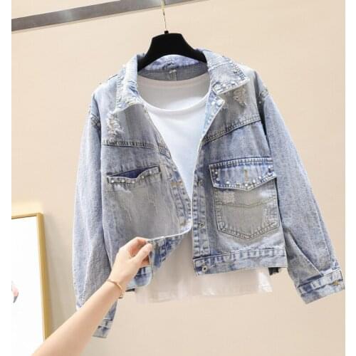 Hole Denim Coat for Women New Short Pocket Beaded All Match Fashion Outwear Coat Jackets Tops