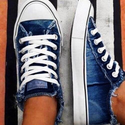 Women Canvas Shoes New Fashion Lace Up Denim Fabric Ladies Casual Shoes Larged-Size 35-43 Running Female Spring Trendy Sneakers