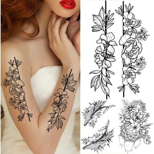 Beauty Rose Dahlia Flower Temporary Tattoos For Women Men Realistic Shark Flora Pendant Fake Tatoos Disposable Tattoo Sticker