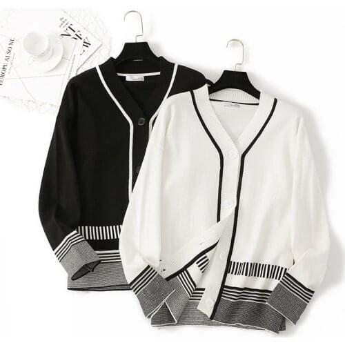 Fashion Black White Stripe Sweater Cardigan Women Winter Thick Warm Knit Outwear Jacket Female Oversized Loose Cardigans Coat