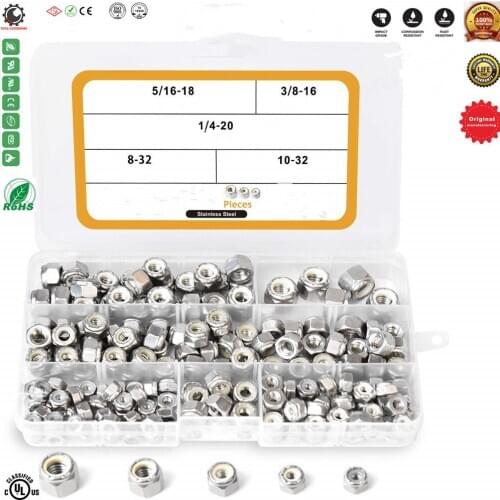 1/4-20 5/16-18 3/8-16 8-32 10-32 Lock Nut Assortment Kit,304 Stainless Steel Nylon Insert Hex Locknuts,Lug Nuts Nut Inserts