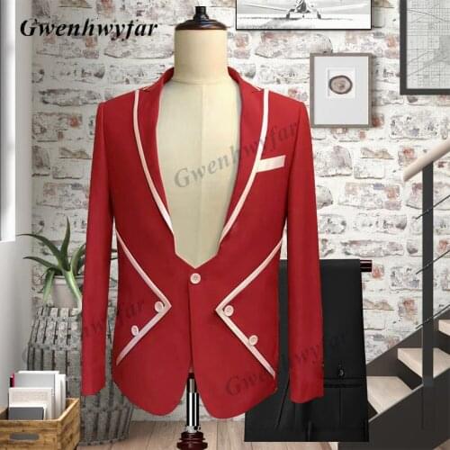 Gwenhwyfar New Deep V-neck Men Suit Party Stage Tuxedo in Red Green Navy Blue 2021 Slim Fit Tuxedo 2 Piece Set Jacket+Trouser