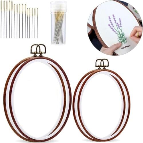 KAOBUY 34pcs Pack Oval Embroidery Hoop Imitated Wood Display Frame With Embroidery Needles For Art Craft Sewing