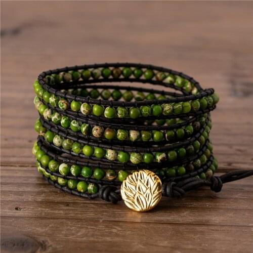 Handmade 5 Rows Leather Wrap Bracelet BOHO Green Imperial Jaspers Beads Bracelet Art Weaving Vintage Jewelry Gift Dropshipping