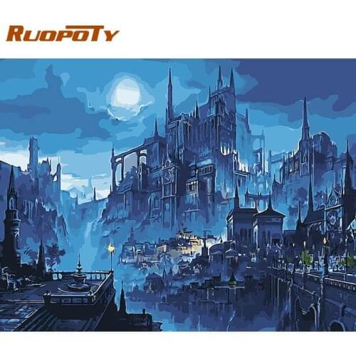 RUOPOTY Oil Painting By Numbers Kits For Adults Children Fog City Night Scenery Picture By Number Diy Framed Home Living Room Ar