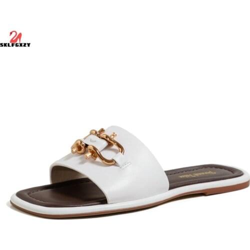 SKLFGXZY Slippers Women Slides Luxury Brand Flops Shoes 100% Genuine Leather Square Toe Summer Slide Designers Sandals Casual