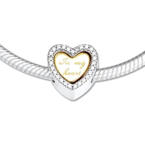 In My Heart Charm Beads for Jewelry Making Clear CZ Stones & Golden Shine Beads for Charms Bracelets Silver 925 Jewelry DIY 2019