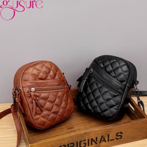 Gusure Vintage Soft PU Leather Shoulder Bags for Women Diamond Pattern Handbag Female Mini Crossbody Bags Lady Small Phone Purse