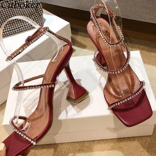 Bling Crystal Cup Heel Women Sandals Square Toe Ankle Strap Ladies Slides Brand Runway Summer Party Dress Sandalias Mujer Women