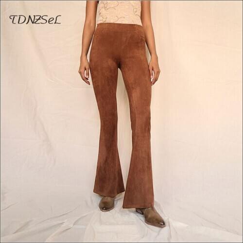 Faux Suede Leather Women Flare Pants Autumn Casual Slim Skinny Black Trousers Lady Seamless Fitting Leggings Winter 2020 Custom