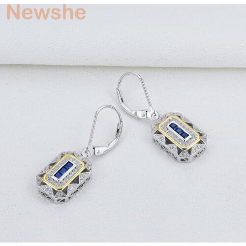 Newshe Solid 925 Sterling Silver Dangle Drop Earrings For Women Sapphire White AAAAA CZ Vintage Jewelry JE1581