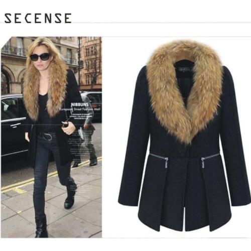 Womens Coat Fur Collar Winter Woolen Jacket High Quality Parkas Outwear Women Long Sleeve Overcoat Coats Plus Size 5XL SECENSE