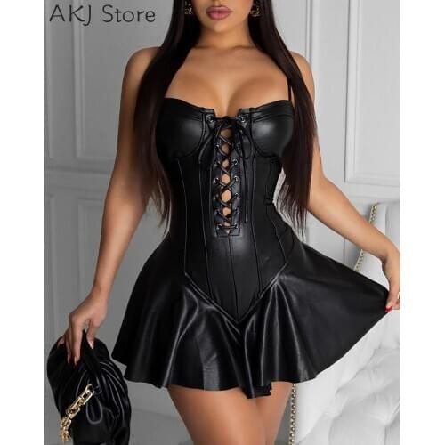 Women Sexy Spaghetti Strap PU Leather Dress Female Eyelet Lace Up Pleated Dress