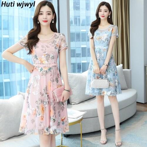 Summer High Quality Floral Chiffon Beach Midi Dresses Women Print Elegant Bodycon Party Vestidos 2021 Vintage Plus Size Sundress