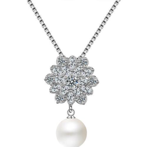 Utimtree Exquisite Flower Pearl Necklaces Pendants Jewelry 925 Silver CZ Zircon Statement Choker Necklace for Women