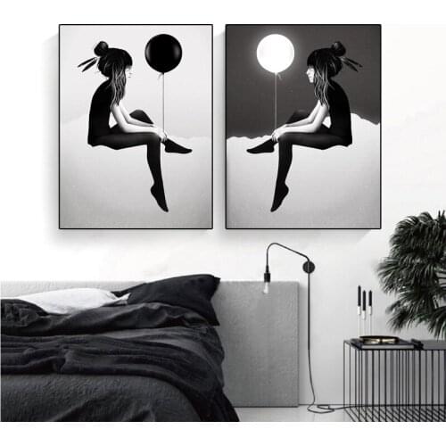 Abstract Naked Balloon Girl Canvas Painting Black White Art Posters and Prints Wall Pictures Nordic Living Room Home Decoration