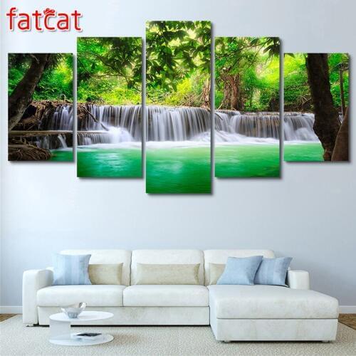 FATCAT 5 Piece Nature Forest Green Lake Waterfall Diy Diamond Painting Full Square Round Drill Diamond Embroidery Sale AE943