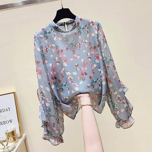 Blusas Femme New Fashion Printed Shirts Womens Chiffon Blouse Long Sleeve Ruffles Stand Collar Loose Lady Tops Summer 2021
