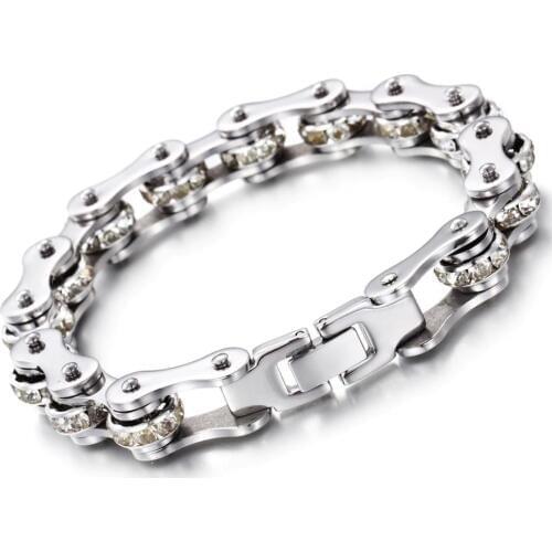 8.26"*12mm New Fashion Womens Men Stainless Steel Motorcycle Chain Bracelet Biker Bicycle Red Crystal CZ Bracelet Jewelry
