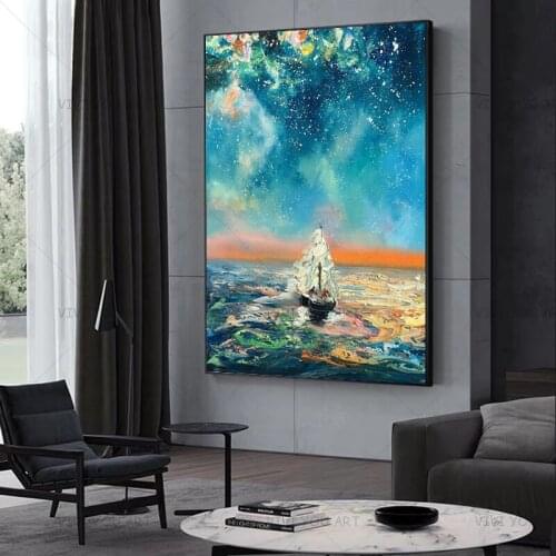 100%Hand Painted Starry sky Ocean ship Oil Painting Canvas For livingRoom Bedroom Decoration Modern Painting Art Frameless