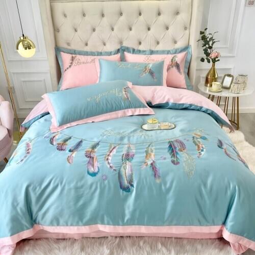 New Nordic Style Feather Embroidery Bedding Set Satin Silk Cotton Double Duvet Cover Set Bed Linen Pillowcases 4PCS Home Textile