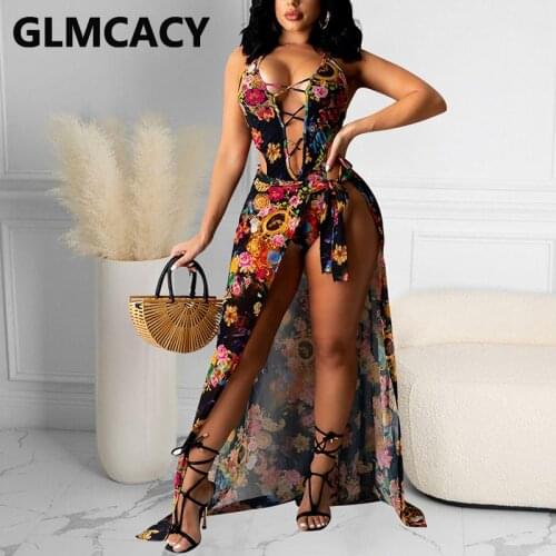 Floral Printed Two Piece Summer Beach Suits Lace Up Bodysuit & High Slit Tie Belt Skirt