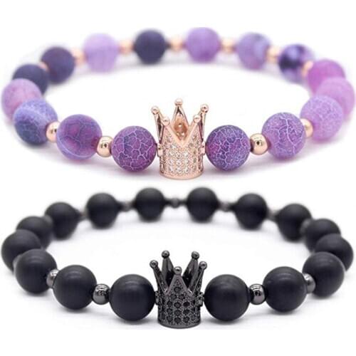 Hot selling crown natural stone with copper inlaid Bracelet couple volcanic stone 8m agate quality luxury bracelet for lovers