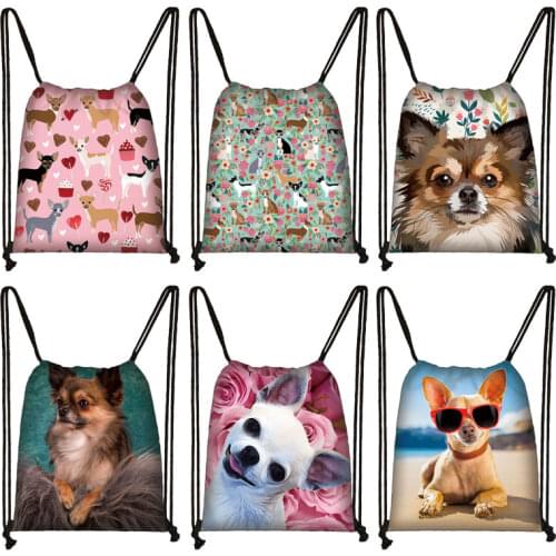 Cute Dog Chihuahua Print Drawstring Bag Women Casual Daypack Teenage Girls Backpack Party Shopping Bags Storage Bag For Travel