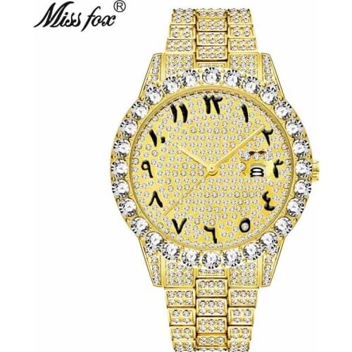 MISSFOX Arabic Numerals Mens Watches Top Brand Luxury Watch Men 18k Gold Big Diamond With Canlender Classic Male Iced Out Watch