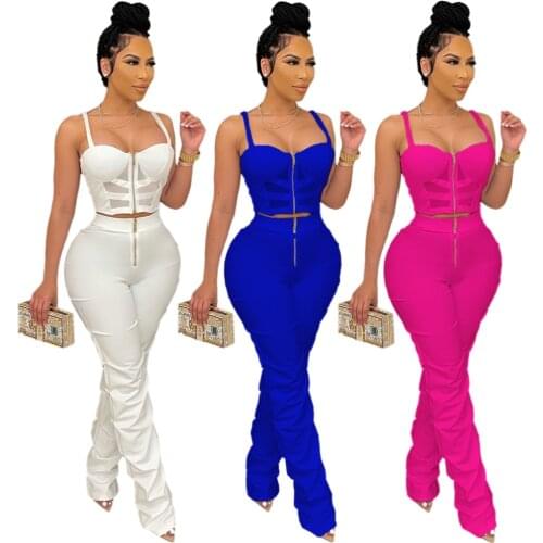 Fashion Streetwear Sheer Mesh Patchwork Solid 2 Piece Set Outfits Sexy Zipper Crop Top + Stacked Pants Slim Matching Set Suits