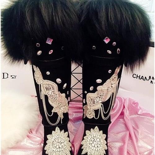 Handmade rhinestone chain over the knee boots fur one leather oversized fox fur long tube increased snow boots to keep warm