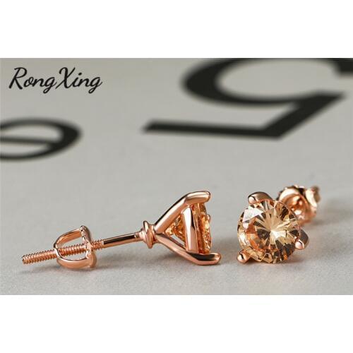 RongXing 6MM Round Champagne Zircon 3 Prong Stud Earrings For Women Yellow Gold/Rose Gold Filled Crystal Earring Wedding Jewelry