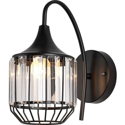 Modern Black Iron Craft Wall Lamp Living Room Crystal Lamps American Style Bedroom Bedside Aisle Balcony Light