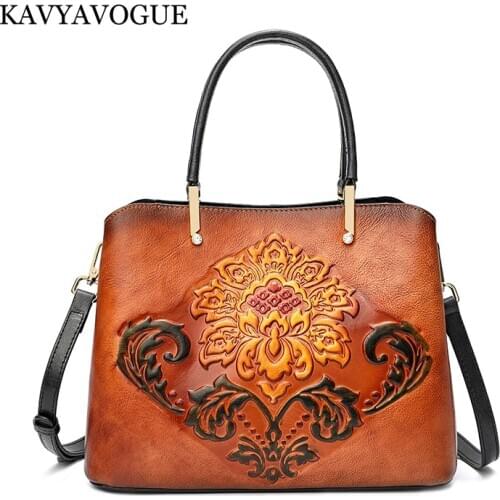 KAVYA NEW Hand-painted Geuine Leather Handbag Retro Purse Top Quality Cowhide Embossed Shoulder Bag for Women Messenger Bags