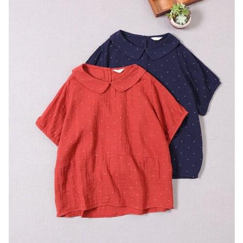 Japan Style vintage Peter Pan Collar Short Sleeve Pullover Shirt Summer Cotton Print Loose Casual Women Blouse