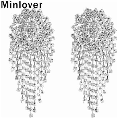 Minlover Bride Wedding Drop Earrings for Women Flower Rhinestone Large Dangle Tassel Earrings 2019 Fashion Jewelry MEH1246