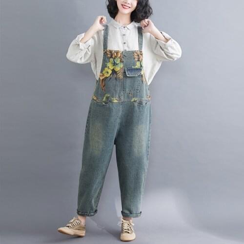 2021 Spring Jeans Pants Women Jumpsuit Plus Size Suspenders Vintage Floral Overalls Elegant Casual Loose Female Denim Rompers