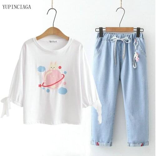 Womens Sets Preppy Style Short Sleeve T-shirt + Elastic Waist Drawstring Cropped Trousers Suit Student Two-Piece Suit 2116158