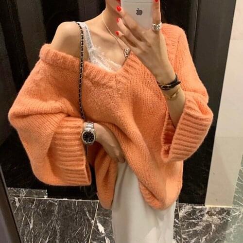 Fashion Sweater Women 2021 Autumn and Winter Loose Large Size Bat Sleeves Lazy V-neck Sweaters Sweater Women Casual Tops 16530