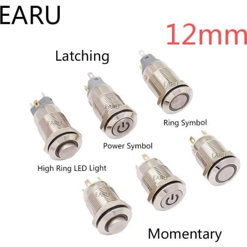 1PC 12MM Momentary Latching LED 5V 12V 24V 220V Metal Button Switch Instantaneous Button Automatic Reset LED Waterproof Button