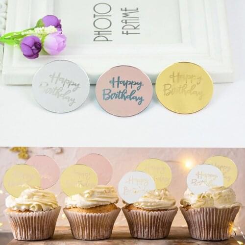 5pcs 5cm Gold Birthday Cake Topper Rose Gold Silver Acrylic Round Cupcake Topper Happy Birthday Party Cake Dessert Decoration 7z