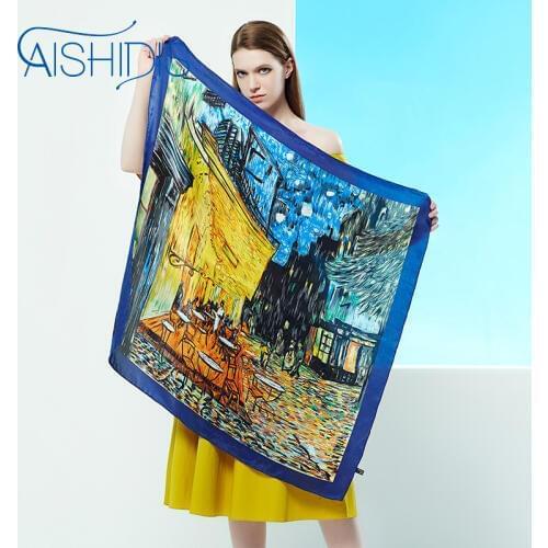 Aishidis Big Size Square Silk Scarf handkerchief Van Goghs Works "Van Goghs Cafe Terrace at Night - Blue Color