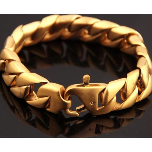 Mens Chunky High Polished Brushed Matt Silver Color/Gold Color Gothic Stainless Steel Linked Curb Chain Bracelet 15mm Wide