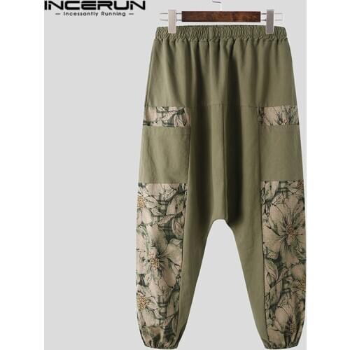 INCERUN Cotton Men Casual Pants Print Patchwork Streetwear Joggers Harem Pants Elastic Waist Retro 2021 Drop Crotch Trousers Men