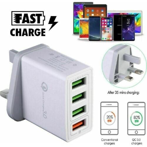 Quick Charge 3.0 USB Charger Wall Charger UK Plug 3A Multi Port Fast Charging Adapter for Samsung Huawei Xiaomi