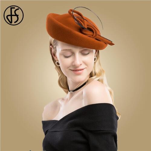 FS Elegant Orange Wool Fedora Hat For Women Pillbox Hats Vintage Wedding Fascinator Black Church Felt Bowler Derby Cocktail Hats