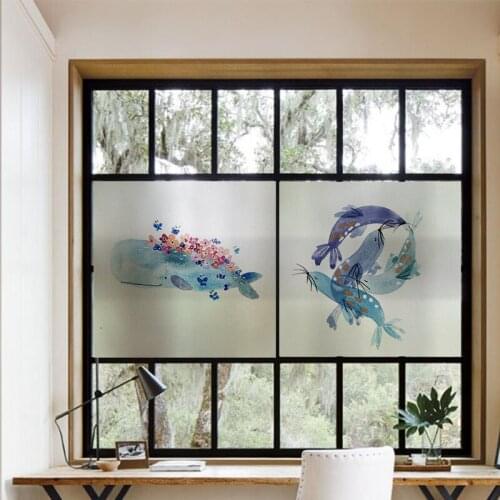 Custom Made Electrostatic Window Film Cartoon whale dolphin Frosted Privacy Static Cling Stickers Bathroom Kid room
