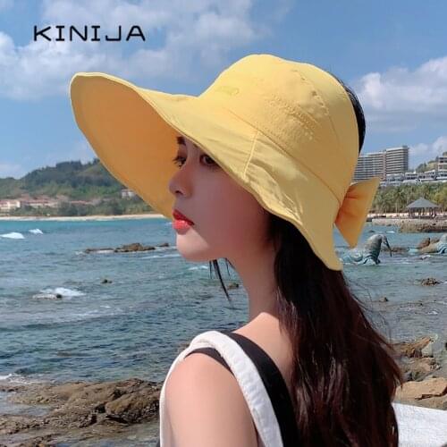 Summer women fashion beach sun hat solid cotton uv protection Foldable Empty cap Korean casual girls large brim bow chapeau caps